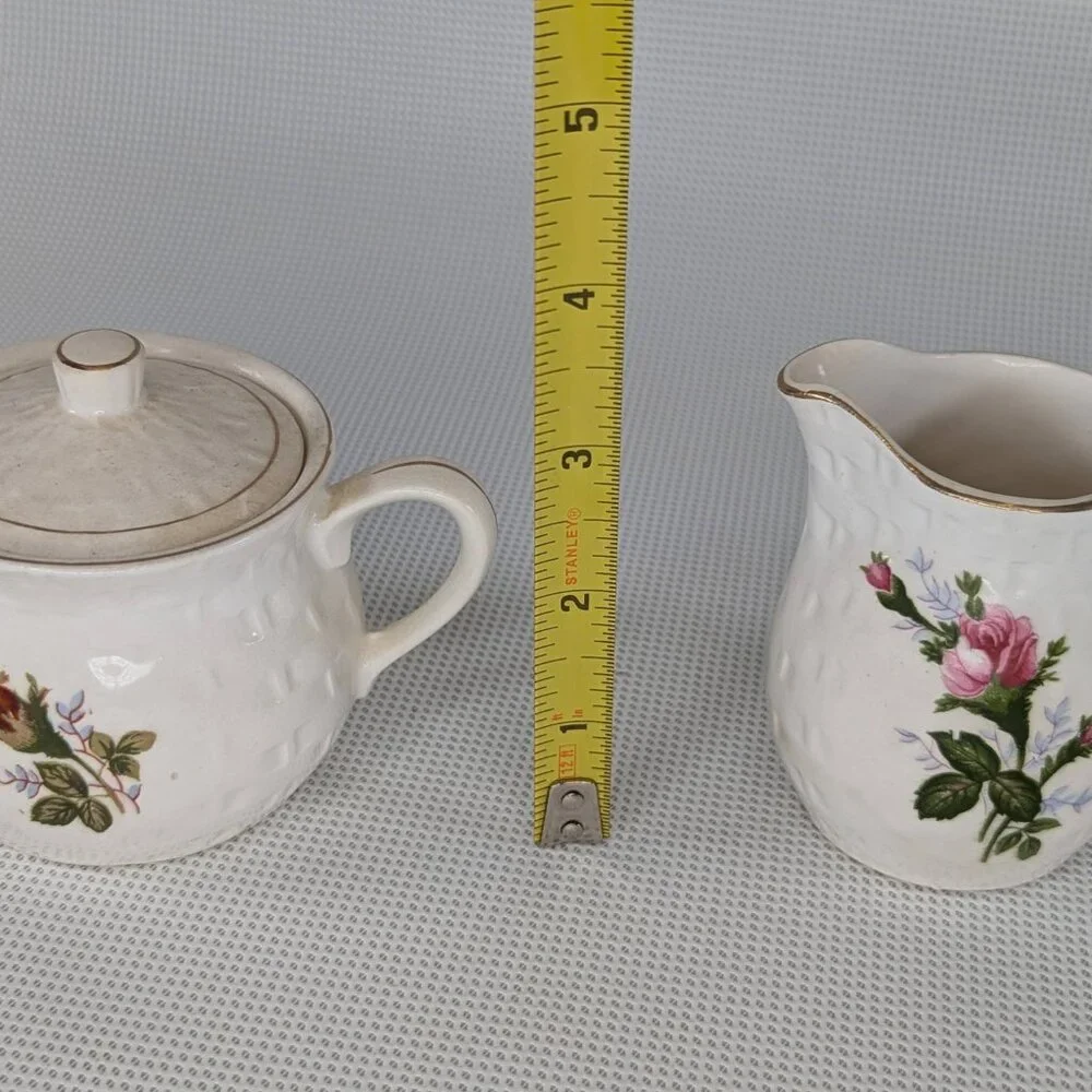 Vintage Floral Ceramic Creamer & Sugar set Rimmed in Gold Tone Accent